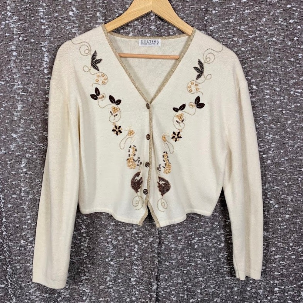 L'ultima Cream Beaded Knit Cardigan Sweater Vintage Wool Blend Cottagecore